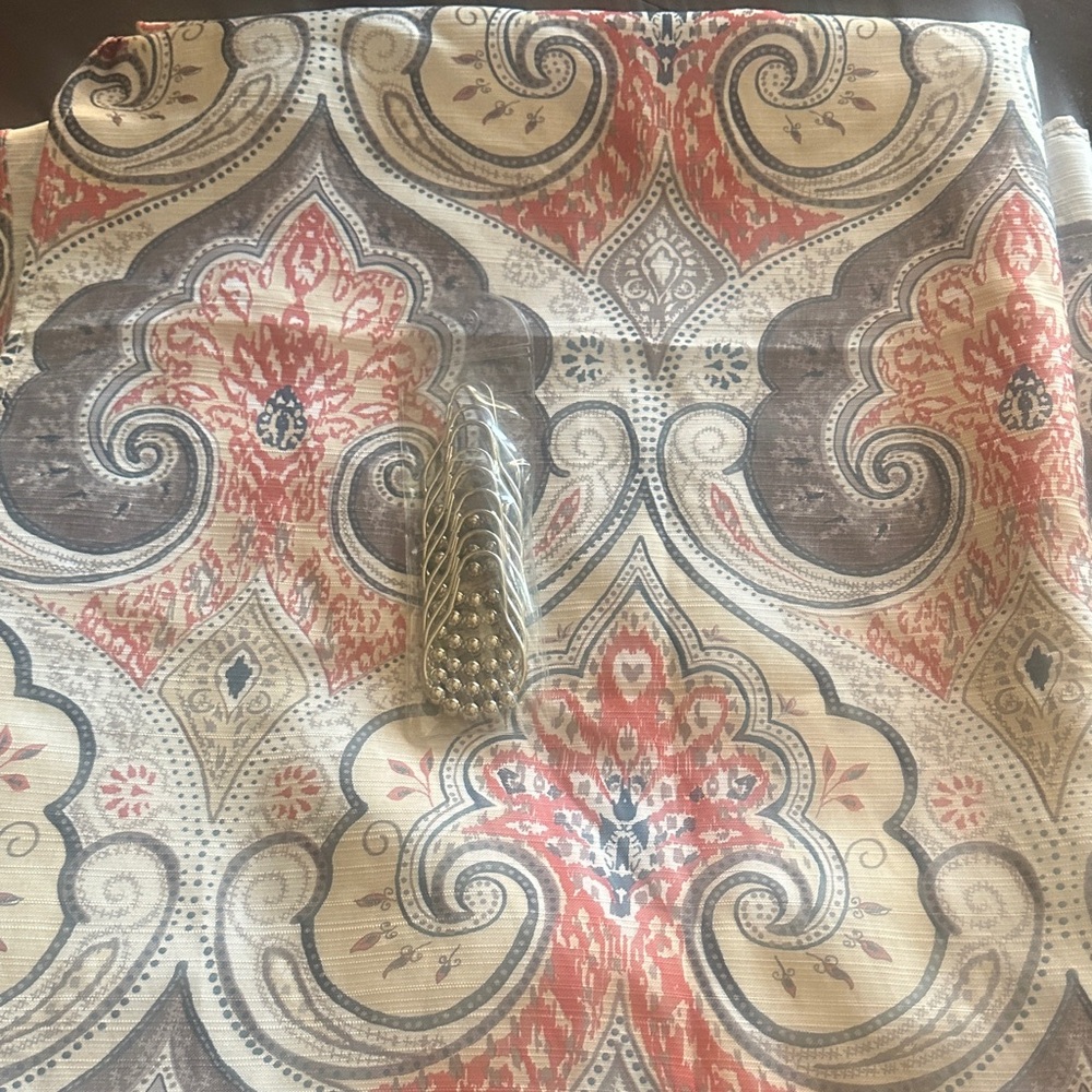 Elegant Paisley linen style shower Curtain  - orange/persimmon red navy and gray